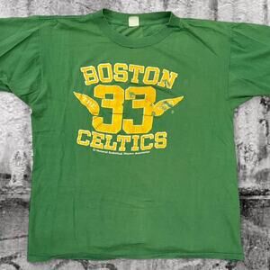 Vintage Boston Celtics 33 Tee – “Terry Loves Larry” – Green/Yellow – Vntg Sz M/L